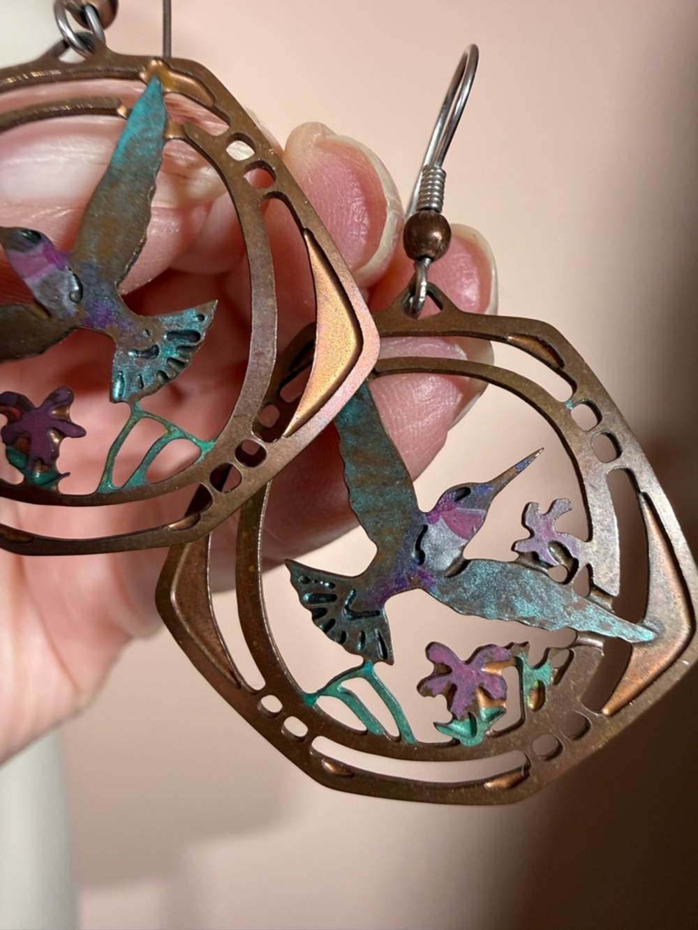 Artisan Handmade humming bird mixed metal vintage southwestern earrings - Picture 7 of 13